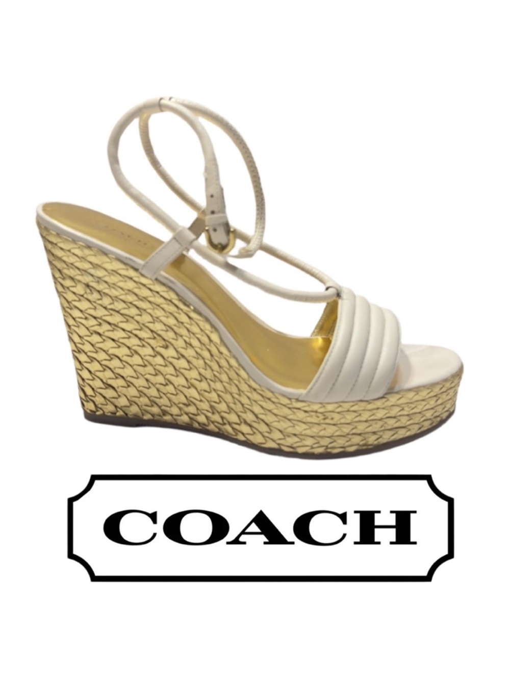 COACH | White Gold Soft Napa Leather Blanch Ankle Strap Woven Wedge Sandal